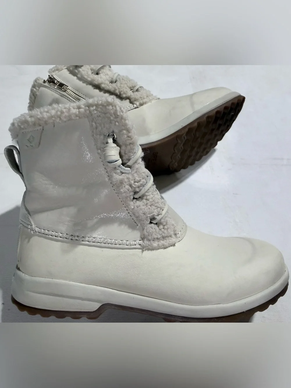 Sperry Women's Maritime Repel Cream Winter Lace-Up Ankle Boots Faux Fur Trim